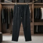 Men's charcoal grey textured drawstring trousers with back pockets (4)
