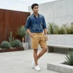 Men's khaki casual drawstring half pants with pockets (1)