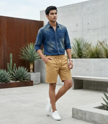 Men's khaki casual drawstring half pants with pockets (1)