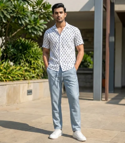 Men's light blue casual drawstring trousers (3)