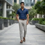 Men's light grey slim fit formal trousers with cuffed hem (3)