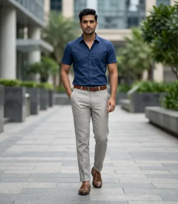 Men's light grey slim fit formal trousers with cuffed hem (3)