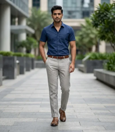 Men's light grey slim fit formal trousers with cuffed hem (3)