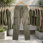 Men's olive green cargo jogger pants with elastic drawstring waist and utility pockets (2)