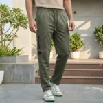 Men's olive green cargo jogger pants with elastic drawstring waist and utility pockets (3)