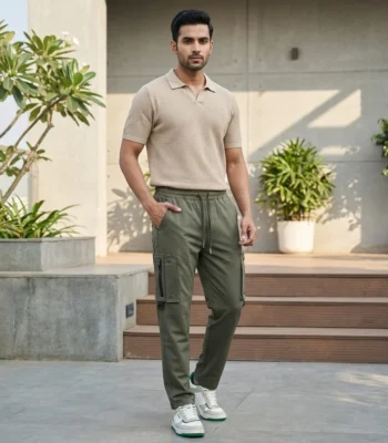 Men's olive green cargo jogger pants with elastic drawstring waist and utility pockets (4)