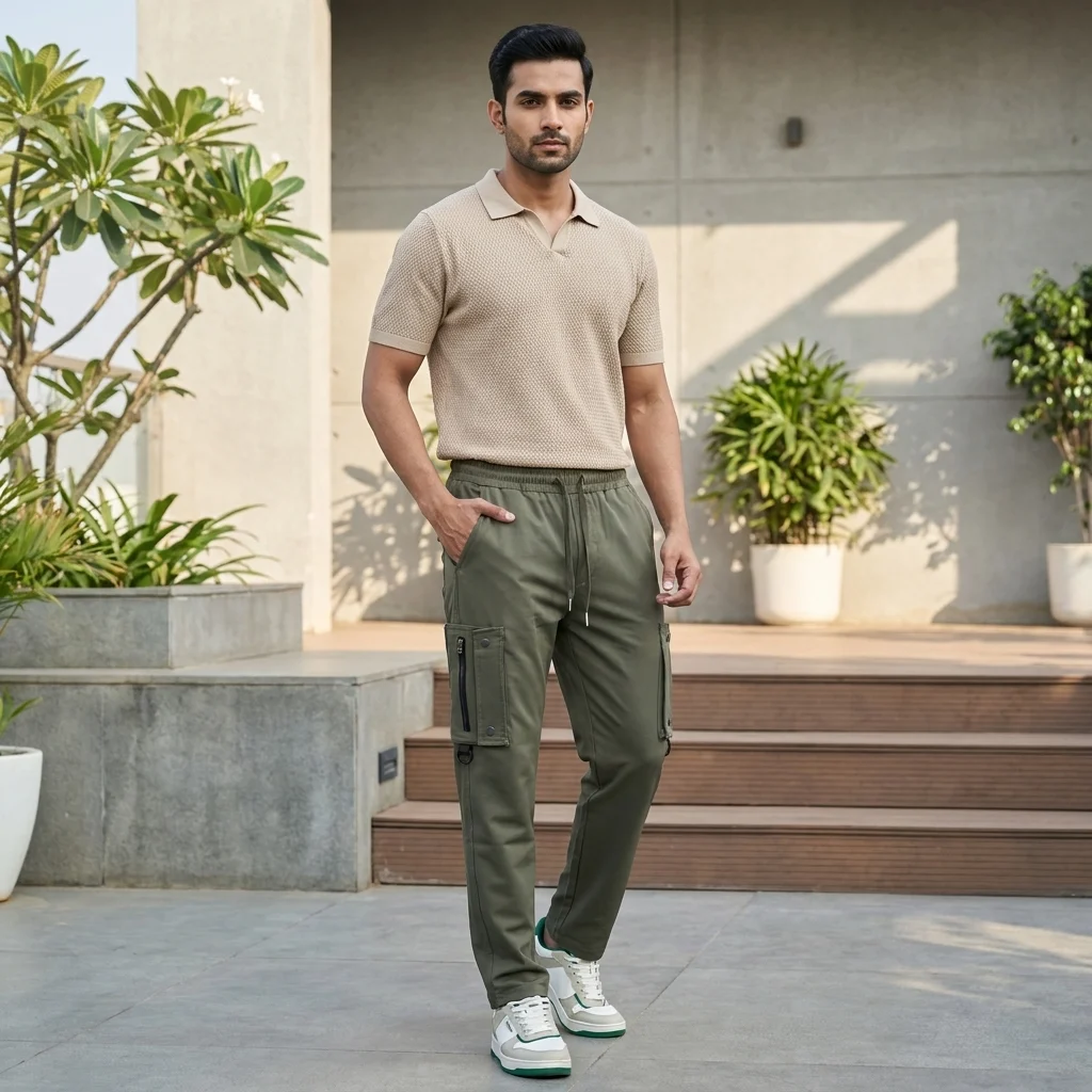 Men's olive green cargo jogger pants with elastic drawstring waist and utility pockets (4) Men's olive green cargo jogger pants with elastic drawstring waist and utility pockets (4)