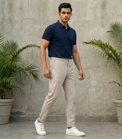 Men's premium beige drawstring tapered trousers (2)