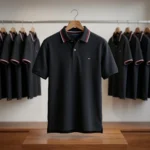 Men's premium black short sleeve polo t shirt with striped collar (1)