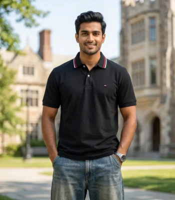 Men's premium black short sleeve polo t shirt with striped collar (2)