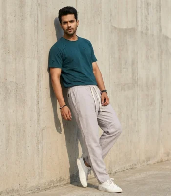 Men's premium light grey textured casual trousers (5)