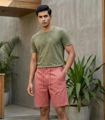 Men's premium solid coral casual half pants with drawstring waist (2)