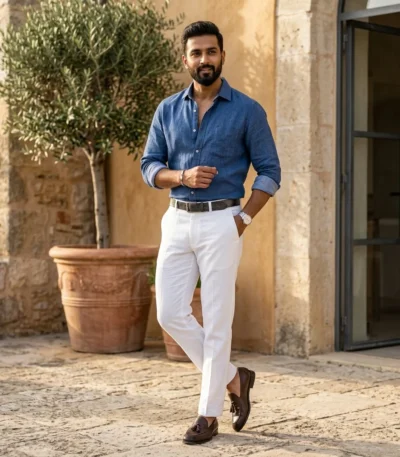 Men's premium white tailored linen trousers for smart casual wear (1)