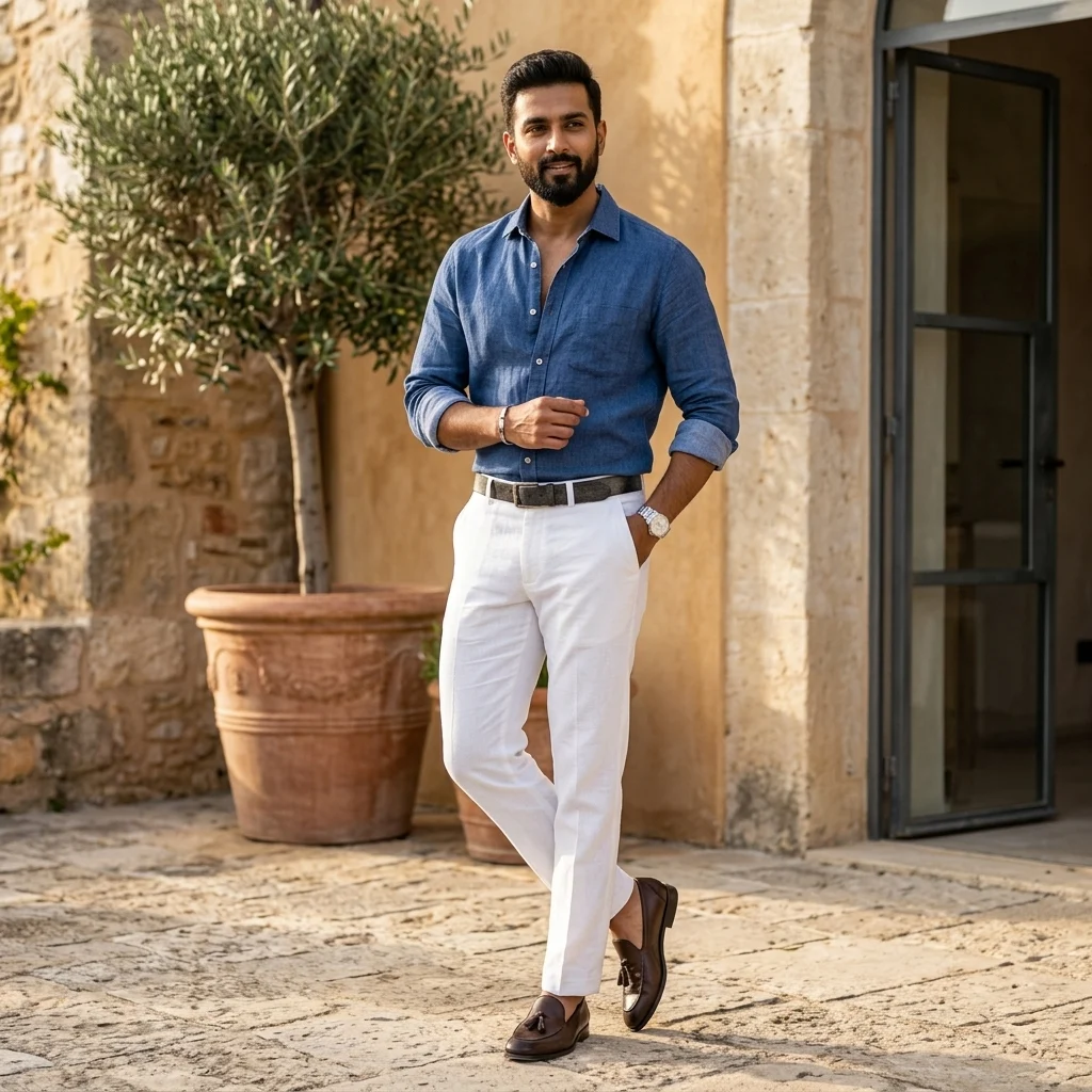 Men's premium white tailored linen trousers for smart casual wear (1)