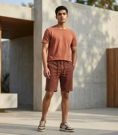 Men's rust brown casual half pants with drawstring and elastic waist (1)