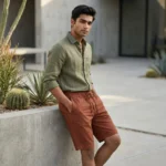 Men's rust casual half pants with elastic waist and drawstring (4)