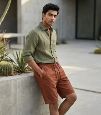 Men's rust casual half pants with elastic waist and drawstring (4)