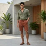 Men's rust casual half pants with elastic waist and drawstring (5)