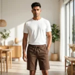 Mens solid brown knee length chino shorts with drawstring waist (3)