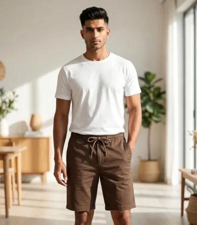 Mens solid brown knee length chino shorts with drawstring waist (3)