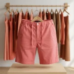 Mens solid coral pink casual shorts with elastic drawstring waist (1)