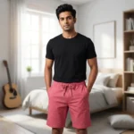 Mens solid coral pink casual shorts with elastic drawstring waist (3)