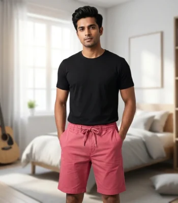 Mens solid coral pink casual shorts with elastic drawstring waist (3)
