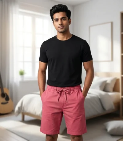 Mens solid coral pink casual shorts with elastic drawstring waist (3)