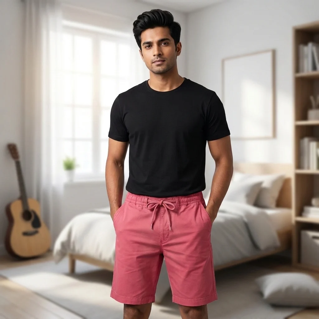 Mens solid coral pink casual shorts with elastic drawstring waist (3) Mens solid coral pink casual shorts with elastic drawstring waist (3)