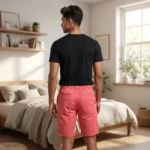 Mens solid coral pink casual shorts with elastic drawstring waist (5)