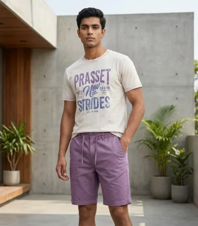 Men's solid purple casual half pants with elastic waistband (4)