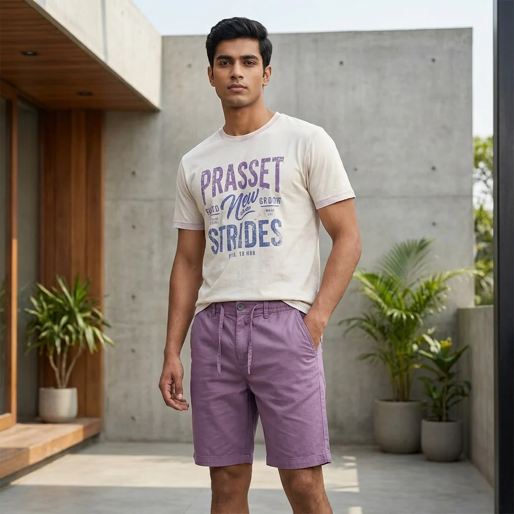 Men's solid purple casual half pants with elastic waistband (4) Men's solid purple casual half pants with elastic waistband (4)