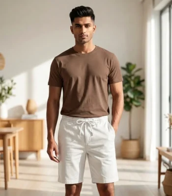 Mens solid white casual drawstring shorts (3)