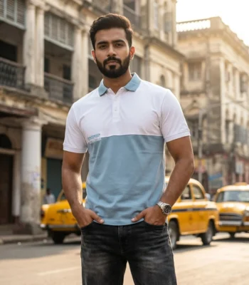 Men's white and blue color block polo t shirt with short sleeves (2)