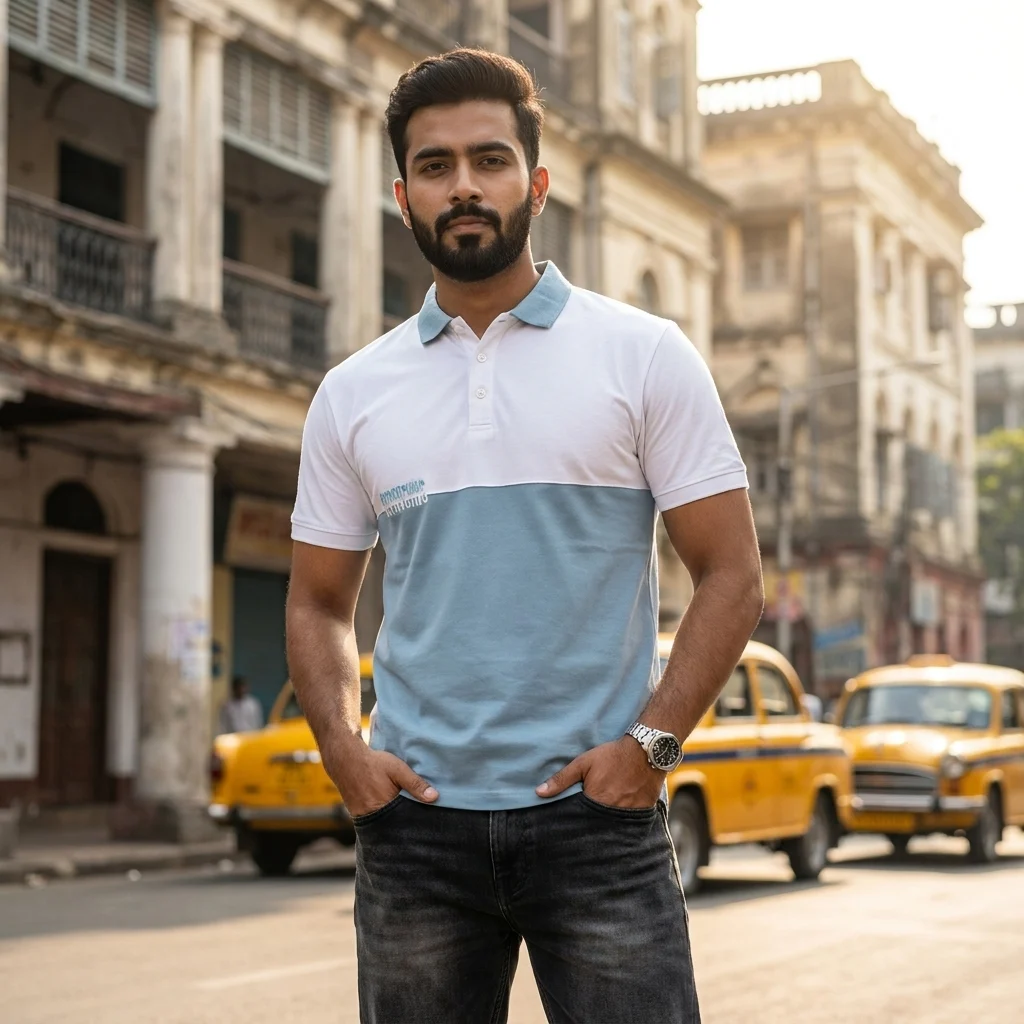 Men's white and blue color block polo t shirt with short sleeves (2) Men's white and blue color block polo t shirt with short sleeves (2)