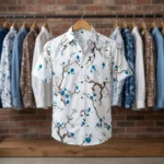 Men's white casual shirt with blue floral print (1)