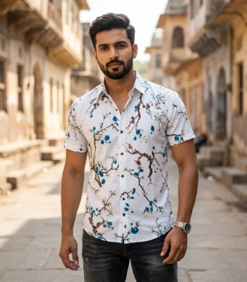 Men's white casual shirt with blue floral print (2)