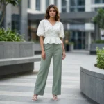 Off white floral print v neck peplum top with puffed sleeves for women (10)