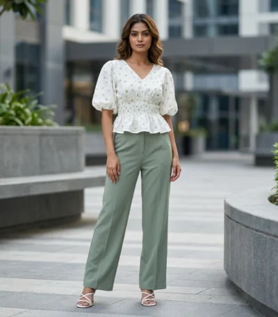 Off white floral print v neck peplum top with puffed sleeves for women (10)