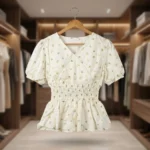 Off white floral print v neck peplum top with puffed sleeves for women (9)