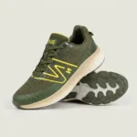 Olive green mens running sneaker with neon yellow accents (1)