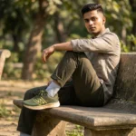 Olive green mens running sneaker with neon yellow accents (2)