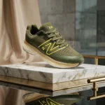 Olive green mens running sneaker with neon yellow accents (3)