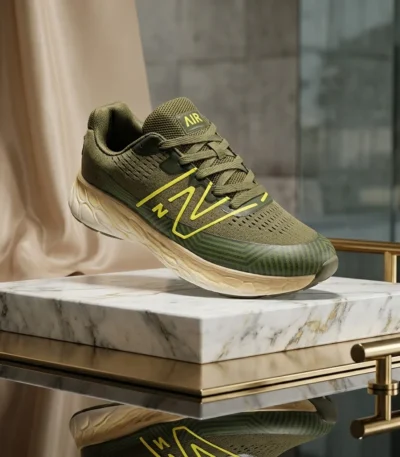 Olive green mens running sneaker with neon yellow accents (3)