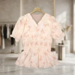 Peach floral print smocked peplum top for women with V neck (4)