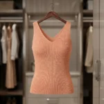 Peach ribbed knit sleeveless women's top with V neck and metallic shimmer (2)