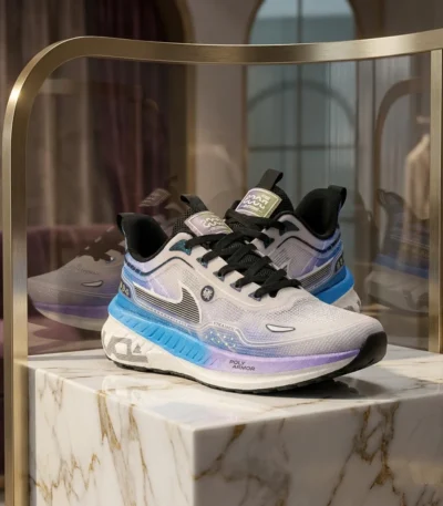 Poly Armor gradient mesh running shoes in blue and purple on a marble display block (6)