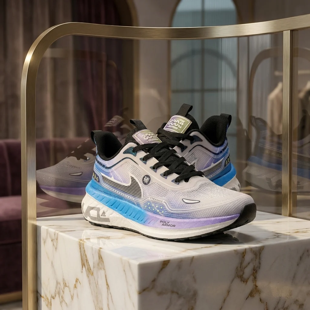 Poly Armor gradient mesh running shoes in blue and purple on a marble display block (6)