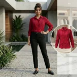 Woman in red textured button down shirt with gold print (2)