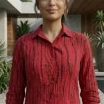 Woman in red textured button down shirt with gold print (3)